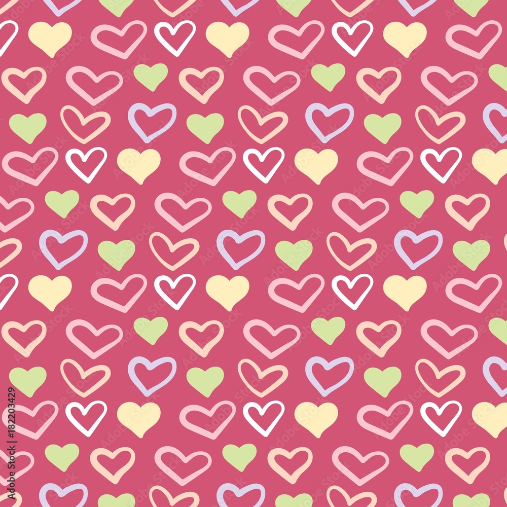Seamless hand drawn sketchy hearts pattern texture, red and pink hearts background design elements for Valentine's day. Vector illustration