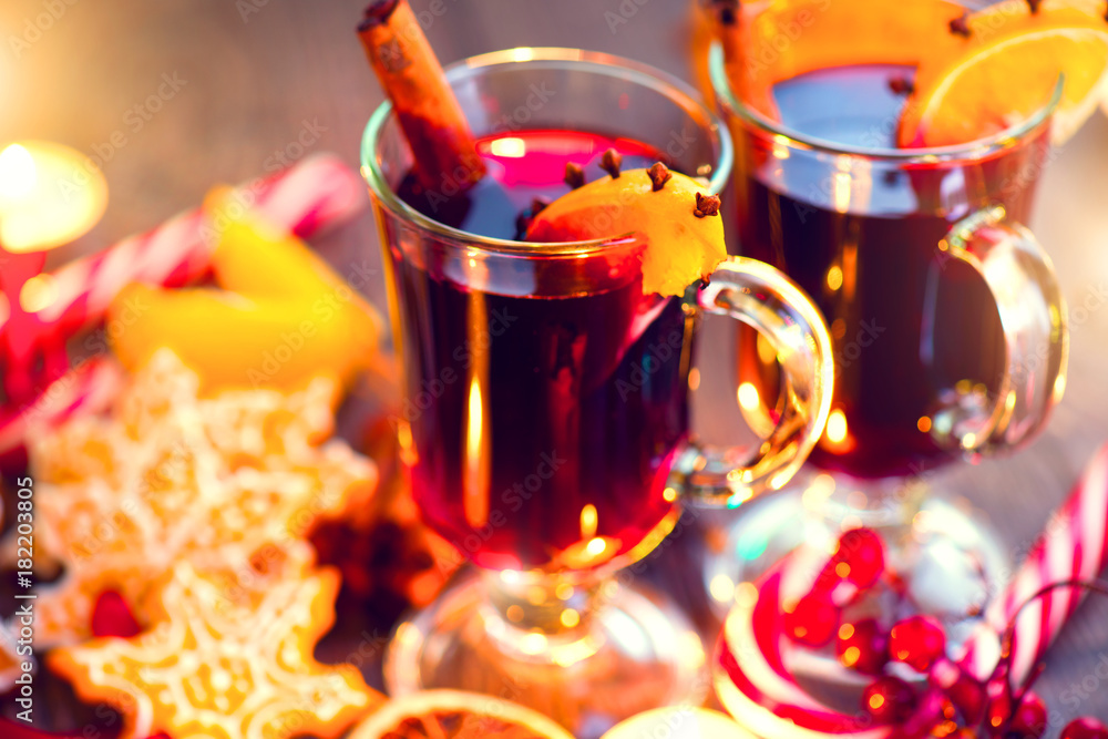 Christmas traditional mulled wine on holiday decorated table