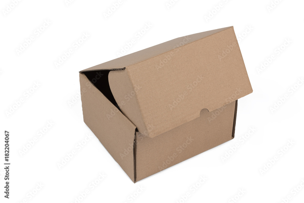 Isolated shot of opened blank cardboard box on white background