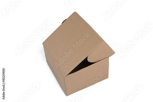 Isolated shot of opened blank cardboard box on white background