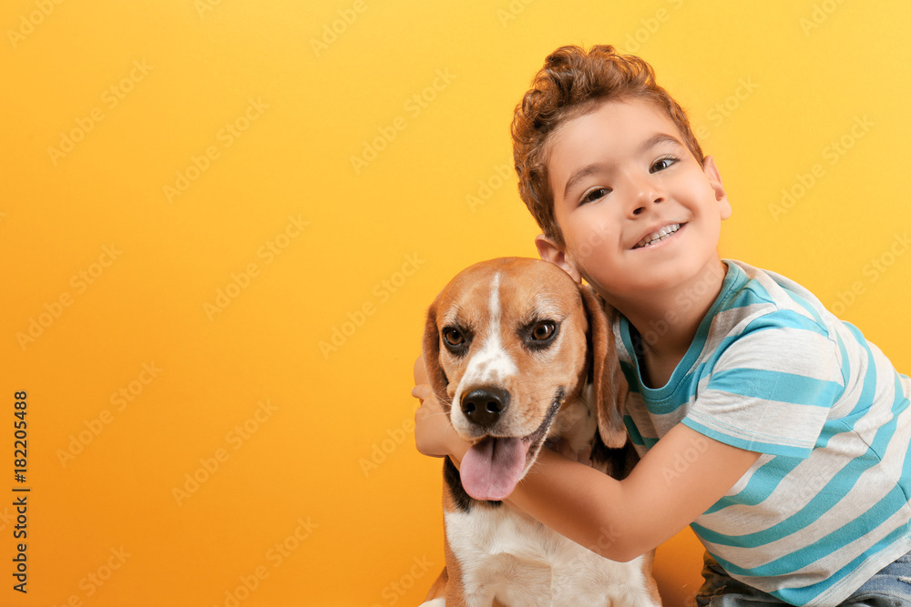 Cute boy with dog on color background Cute boy with dog on color background