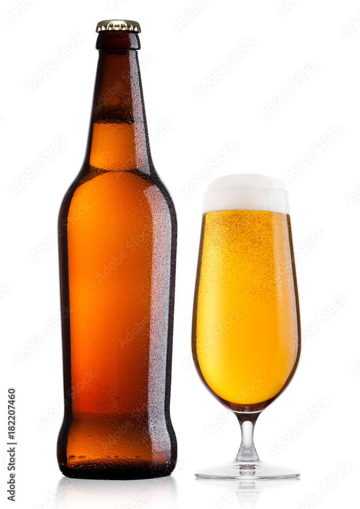 Cold bottle and glass of lager beer with foam Cold bottle and glass of lager beer with foam