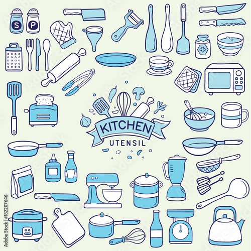 set of duotone colored kitchen utensil