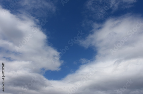  青空と雲「空想・雲のモンスターたち」（何かを言わんばかり、見つめ合う、見上げるなどのイメージ）