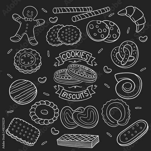set of doodle cookies and biscuit in chalkboard