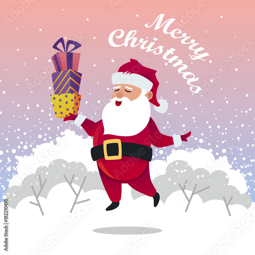 Merry Christmas. cheerful Santa with gifts. vector cartoon illustration