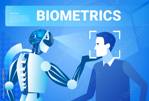 Robot Scanning Man Face Biometric Identification Access Control Technology Recognition System Concept Vector Illustration