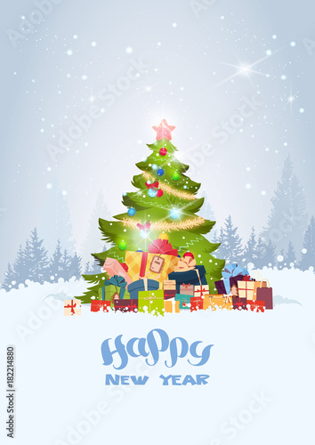 Holiday Greeting Card Christmas Tree Over Snowy Winter Forest Happy New Year Concept Flat Vector Illustration © mast3r