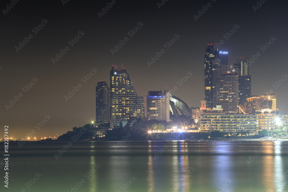 Fototapeta premium Landscape of Skyscraper pattaya and sea in night time.