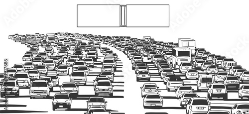 Illustration of rush hour traffic jam on freeway in black and white with blank signs