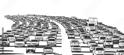 Illustration of rush hour traffic jam on freeway in black and white