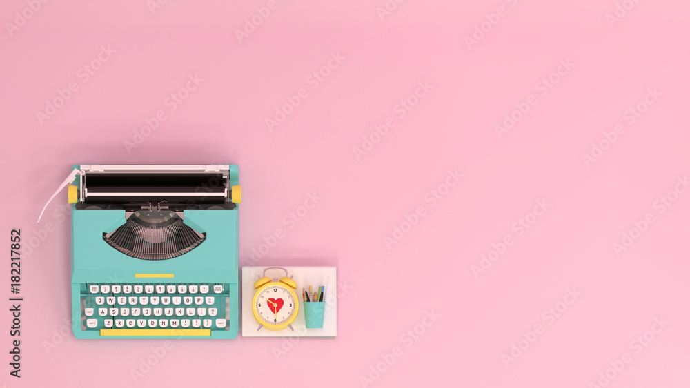typewriter clock and pen and books top view on the table colorful education in front of pink wall lovely picture for copy space minimal fruit and object concept pastel colorful - obrazy, fototapety, plakaty 