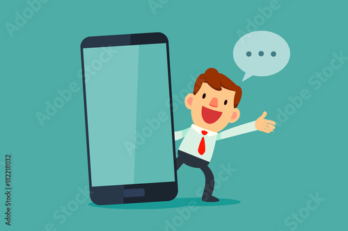 businessman talking beside big smart phone with blank screen