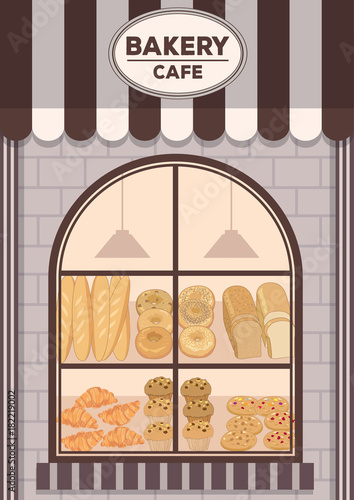 Illustration vector of Bakery cafe front shop design with awning and brick wall decorated with bread products on window shelf 
