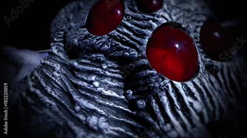 A giant fake scary spider. Detail of the red big eyes. Handheld shot. Basic colors.
