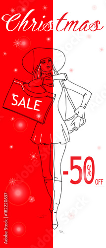 Christmas holiday sale. Elegant woman with shopping bag. Place for text. Red and white colors concept. Winter holiday background. Creative vector illustration