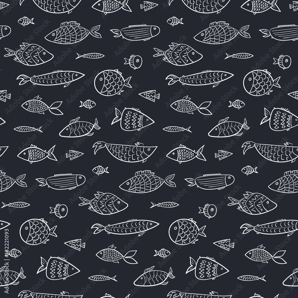 Marine kids seamless pattern with white outline cartoon fishes in dark  water. Stylized vector linear fish for children textile, wrapping paper,  wallpaper, background, swimwear, package Stock Vector | Adobe Stock