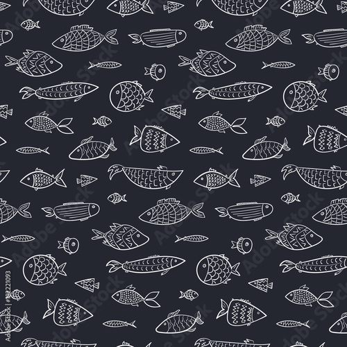 Marine kids seamless pattern with white outline cartoon fishes in dark water. Stylized vector linear fish for children textile, wrapping paper, wallpaper, background, swimwear, package