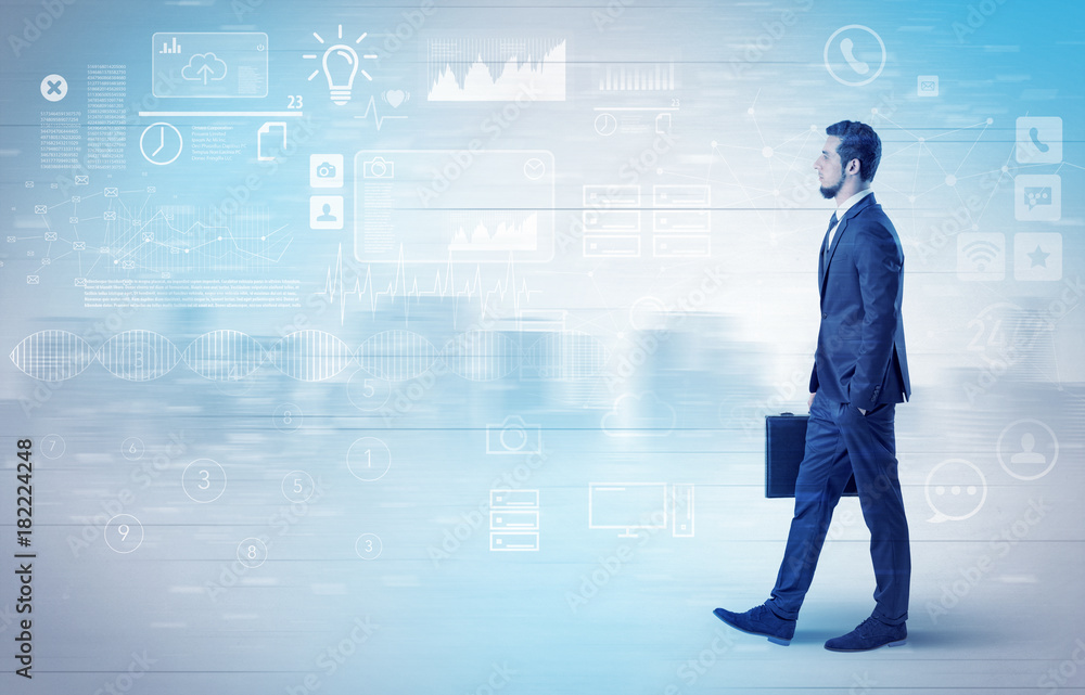 Businessman walking with database concept around Businessman walking with database concept around