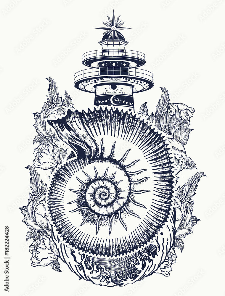 Lighthouse, roses and sea shell tattoo. Freemason, spiritual, illuminati,  secret and mystical signs tattoo. Lighthouse in the storm, and ammonite  fossil t-shirt design Stock Vector | Adobe Stock
