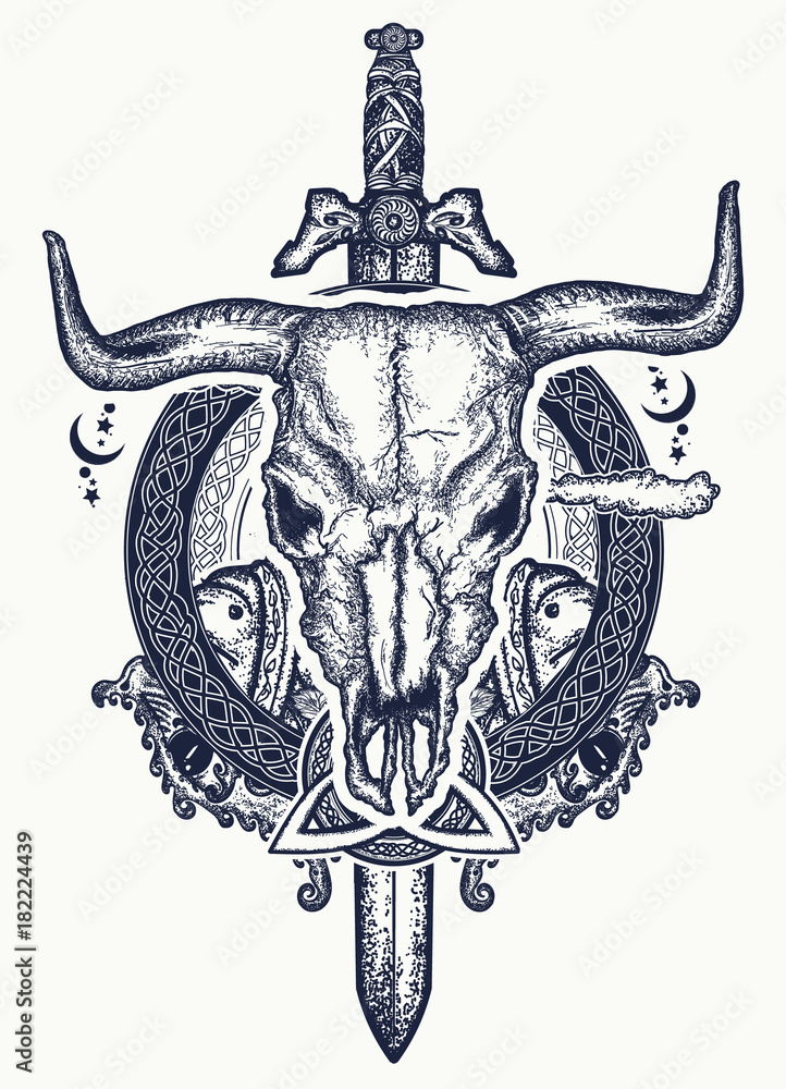 Skull bull and ancient sword tattoo. Symbol of force, courage. Scandinavian  mythology. Viking tattoo art print t-shirt design Stock Vector | Adobe Stock