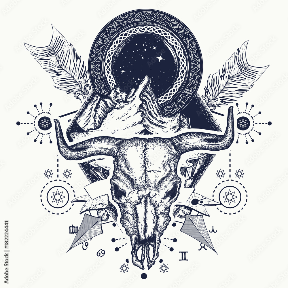 Long Horn bull Skull Wearing Feathers Best Temporary Tattoos| WannaBeInk.com
