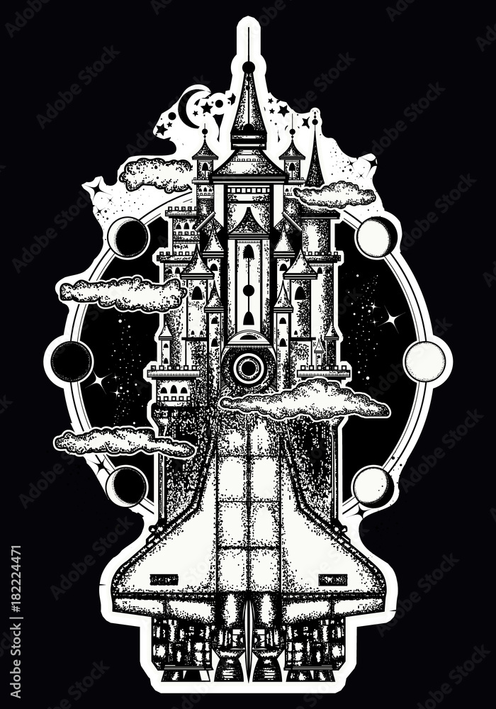 Space ship and magic castle tattoo art Space ship and magic castle tattoo art