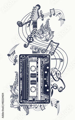 Audio cassette, guitar music notes tattoo and t-shirt design. Retro music, nostalgia, 80th and 90th. Old audio cassette, roses flowers and music notes, guitar, symbol of rock music t-shirt design