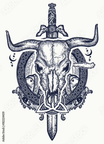 Skull bull and ancient sword tattoo. Symbol of force, courage. Scandinavian mythology. Viking tattoo art print t-shirt design