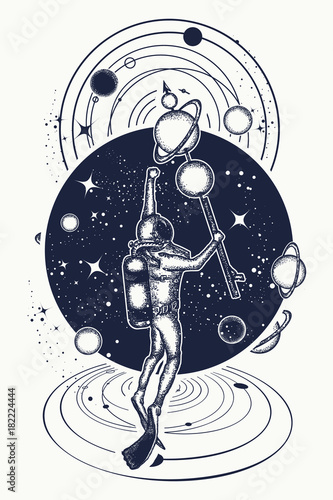 Astronaut in deep space and universe t-shirt design. Diver floats in space tattoo art. Symbol of science, research, space travel. Diver catches planets in space