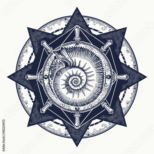 Symbol of a storm and calm, silence and noise. Alchemy, medieval religion, occultism tattoo. Sea wave storm and ancient ammonites tattoo and t-shirt design. Ocean wave art. Sea tattoo.
