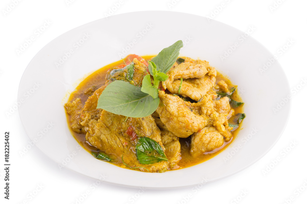 Fried pork with Chilli Curry, Thai spicy Food isolated on white background Fried pork with Chilli Curry, Thai spicy Food isolated on white background