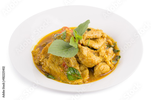 Fried pork with Chilli Curry, Thai spicy Food isolated on white background