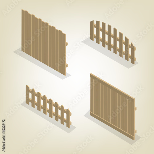 Set of isometric spans wooden fences, vector illustration.