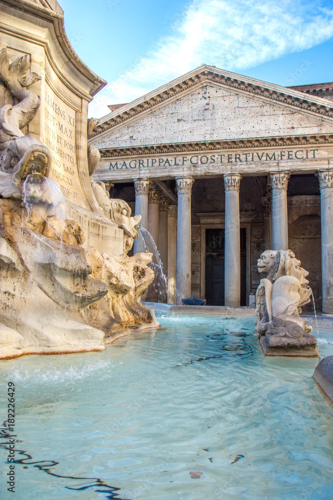 Ancient Roman Pantheon temple, view from fountain - Rome, Italy