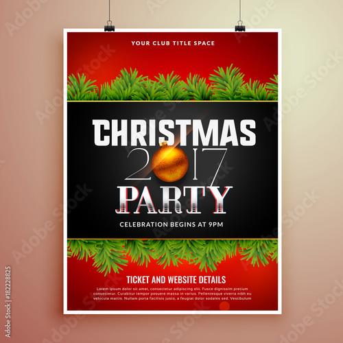 christmas party poster design template with fir tree leaves