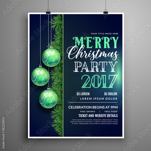 creative blue christmas party flyer design template with hanging lamps