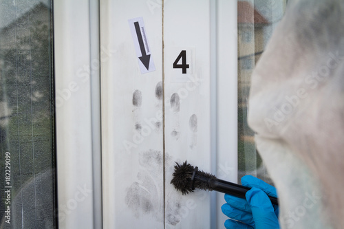 Female forensic expert find fingerprints on the window with help brush and black powder photo