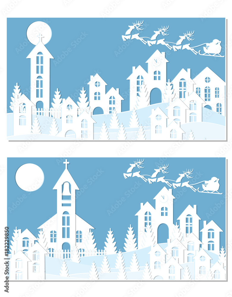 New Year Christmas. An image of Santa Claus and deer. Snow, moon, trees, houses, church. Two landscapes are cut from white paper. illustration New Year Christmas. An image of Santa Claus and deer. Snow, moon, trees, houses, church. Two landscapes are cut from white paper. illustration