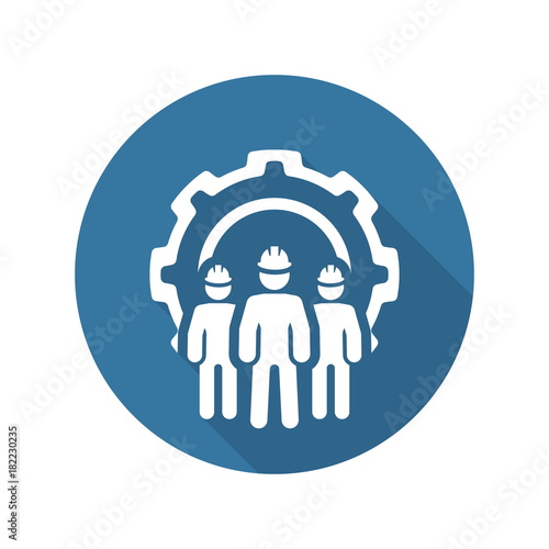 Engineering Team Icon. Three Men and Cog Wheel. Development Symbol.