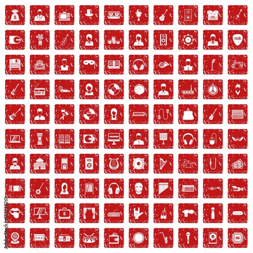 100 music icons set grunge red