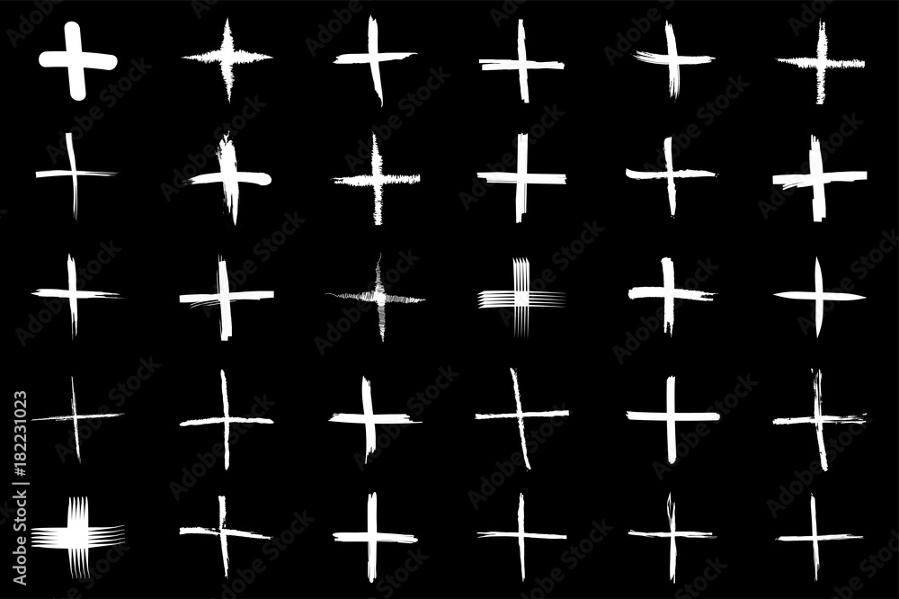 Plus symbols big collection. 30 hand drown sygns signs isolated on black background. Vector illustration Plus symbols big collection. 30 hand drown sygns signs isolated on black background. Vector illustration
