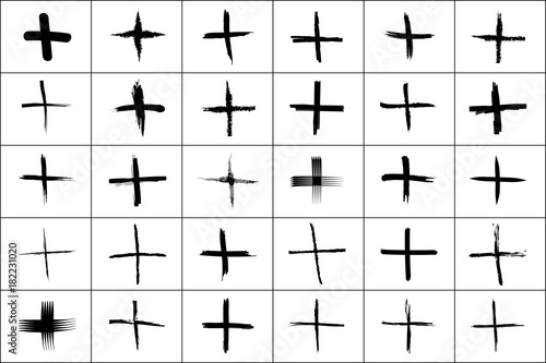 Plus symbols big collection. 30 hand drown sygns signs isolated on white background. Vector illustration