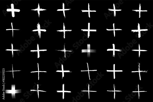 Plus symbols big collection. 30 hand drown sygns signs isolated on black background. Vector illustration