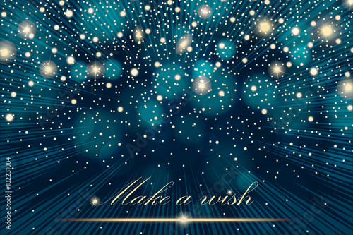 Vector gold glitter particles background effect for luxury greeting rich card. Sparkling texture. Star dust sparks in explosion on blue background. Vector illustration