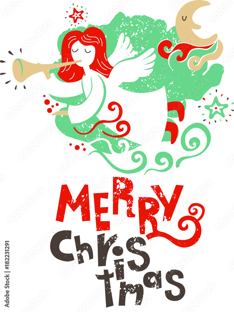 Illustration with Christmas angel with wings playing the flute and with lettering that says merry Christmas. For postcards, posters, banners, website, invitations, leaflets, flyers, calendars.