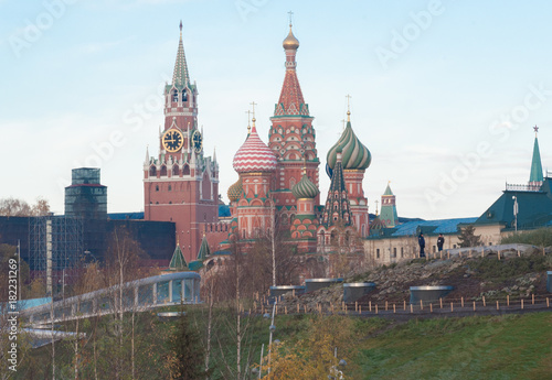 November 13, 2017 Moscow, Russia. A view on the Spassky Tower of the Moscow Kremlin and St. Basil's Cathedral.