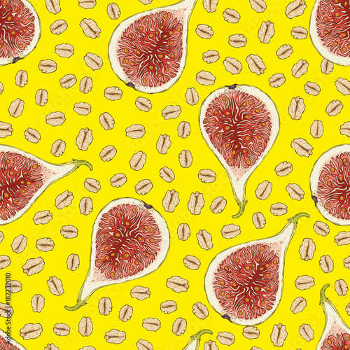 Seamless Pattern with Ripe Fig and Oat Flakes