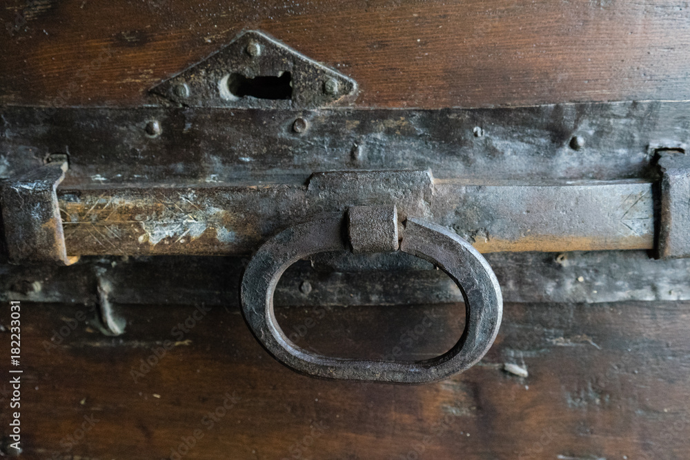old historic door handle on wood door