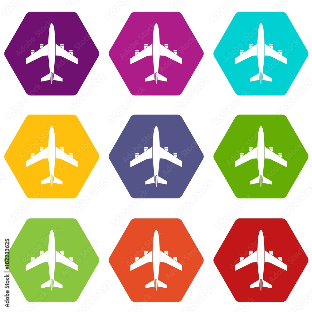 Airplane icon set color hexahedron Airplane icon set color hexahedron